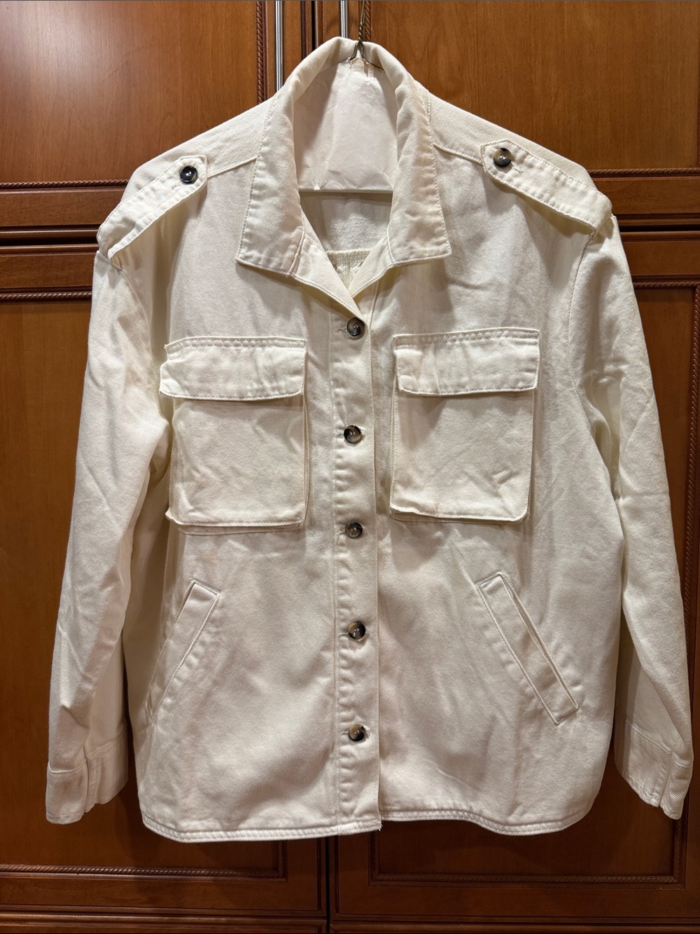 Women's Cream Denim Utility Jacket with Epaulets and Front Pockets